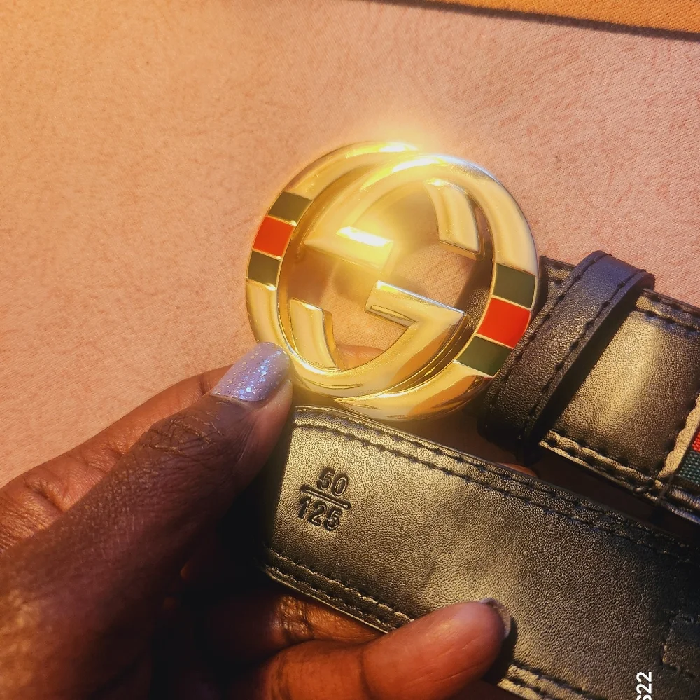Gucci Black Leather Belt with Gold GG Buckle and Red-Green Stripe